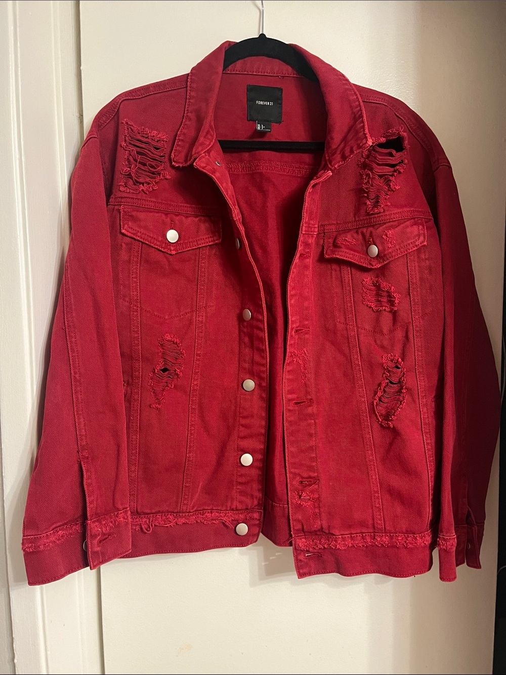 NWOT Mens Forever 21 Red Distressed Denim Jacket L !